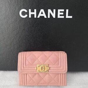 Auth Chanel Boy Caviar Quilted Compact Trifold Wallet